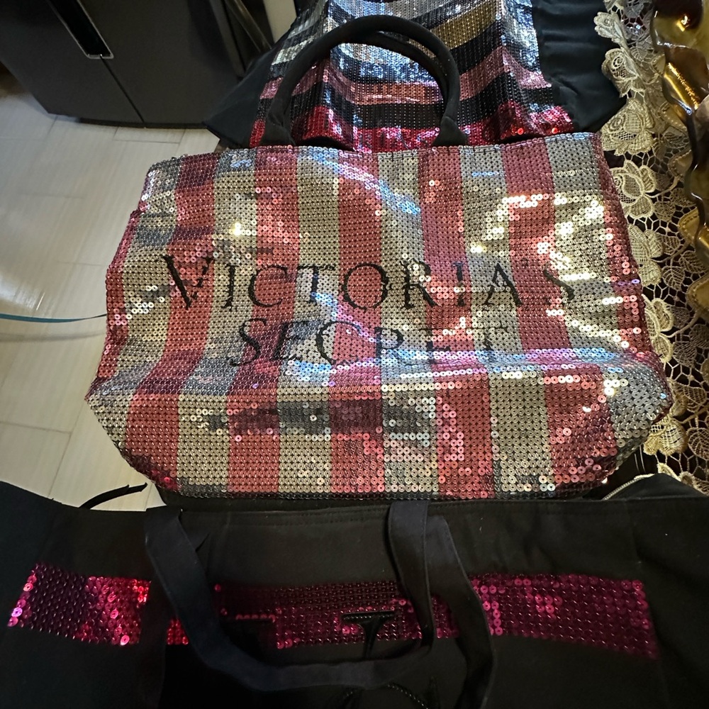 Victoria's Secret Pink and Silver Sequin Striped Tote
